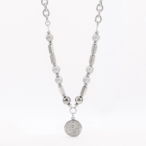 Collana con Pendente a Moneta con Ritratto in Acciaio Inossidabile Hip Hop per Uomo Donna Catena Argento Lucido con Perla Artificiale
