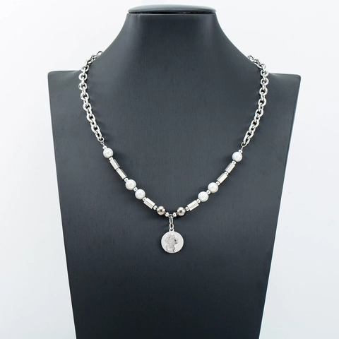 Collana con Pendente a Moneta con Ritratto in Acciaio Inossidabile Hip Hop per Uomo Donna Catena Argento Lucido con Perla Artificiale