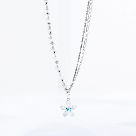 Asymmetric Stainless Steel Artificial Pearl Necklace For Women Blue Rhinestone Flower Pendant Stitched Chain Fashion Jewelry