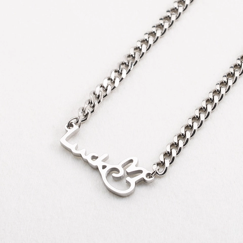 Stainless Steel Lucky Letter Rabbit Pendant Necklace Polished Silver Tone Cuban Curb Chain Hip Hop Jewelry For Unisex