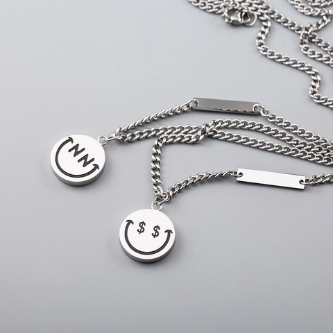 Hip Hop Titanium Steel Double Sided Smiley Face Dollar Sign Curb Chain Pendant Necklace Streetwear Men Women Jewelry
