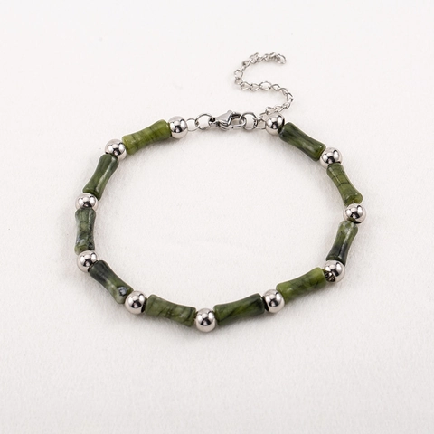 Braccialetto di Perline in Acciaio Inossidabile Verde Bambù Nuovo Stile Cinese Fatto a Mano Giada Gioielli per Uomo Donna
