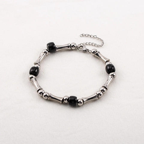 Stainless Steel Bamboo Joint Beaded Bracelet Men Women Adjustable Silver Black Stone Bead Modern New Chinese Style Jewelry