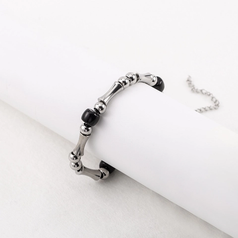 Stainless Steel Bamboo Joint Beaded Bracelet Men Women Adjustable Silver Black Stone Bead Modern New Chinese Style Jewelry