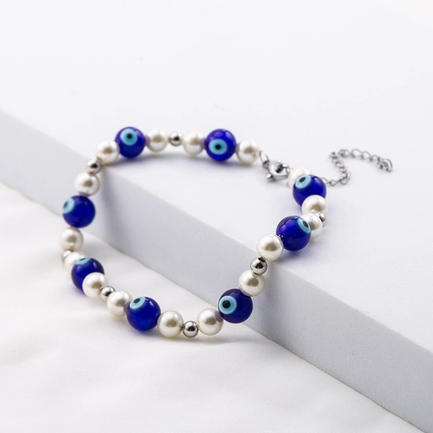 Bracciale Perline Malocchio per Donna Catena in Acciaio Inossidabile Perla Artificiale Gioielli Fatti a Mano Regolabile