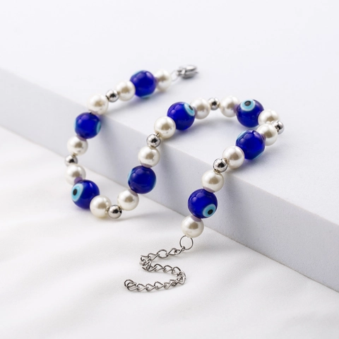 Bracciale Perline Malocchio per Donna Catena in Acciaio Inossidabile Perla Artificiale Gioielli Fatti a Mano Regolabile