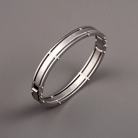 Industrial Style 316L Stainless Steel Bangle For Men Brushed Metal Rivet Cuff Bracelet Silver Geometric Oval Bangle