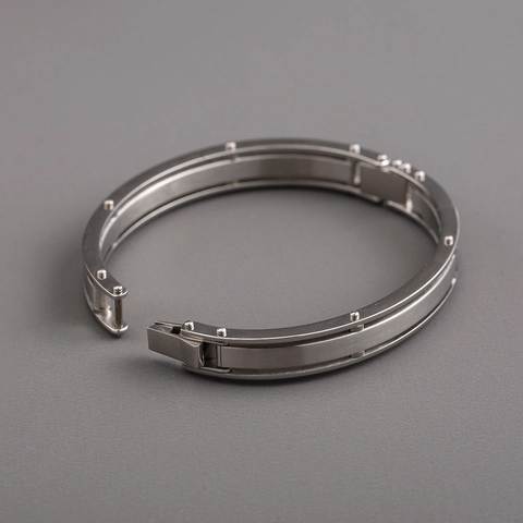 Industrial Style 316L Stainless Steel Bangle For Men Brushed Metal Rivet Cuff Bracelet Silver Geometric Oval Bangle