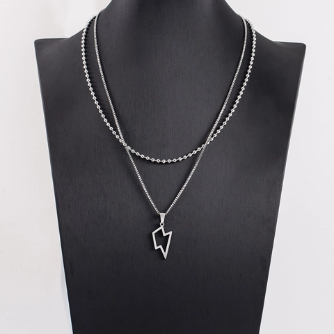 Collana a Doppio Strato con Ciondolo a Fulmine in Acciaio Inossidabile Hip Hop per Uomo Donna Catena a Sfere e Box Lucidata Argento