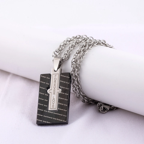Collar para Hombre de Acero Inoxidable con Colgante de Cruz Forever Love Rectángulo Negro Plata Joyas de Moda Punk