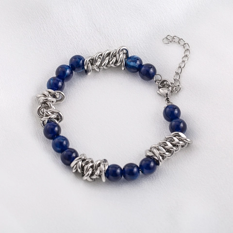 Hip Hop Men Stainless Steel Chain Bracelet Blue Beaded Adjustable Wristband Fashion Jewelry Male Accessory Gift