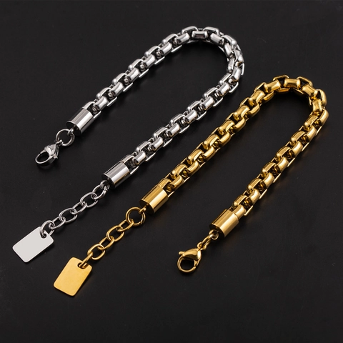 Men's Hip Hop Stainless Steel Thick Box Chain Bracelet Fashion Gold Silver Plated Streetwear Jewelry Accessory Gift