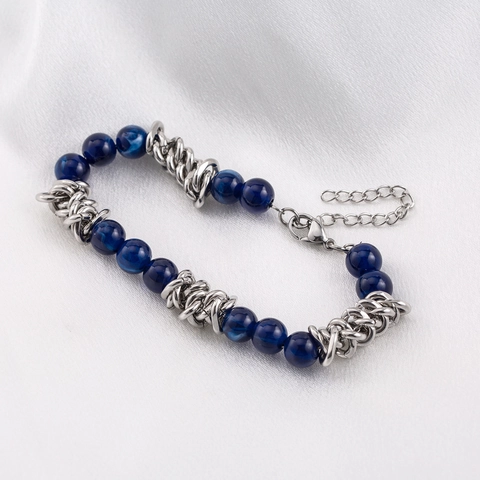 Hip Hop Men Stainless Steel Chain Bracelet Blue Beaded Adjustable Wristband Fashion Jewelry Male Accessory Gift
