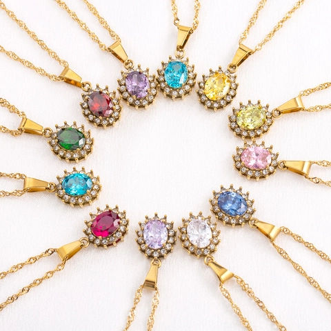 Collier en Acier Inoxydable avec Pendentif Pierre de Naissance Douze Couleurs Plaqué Or Zircone Ovale Halo Bijoux pour Femmes Filles Cadeau d'Anniversaire