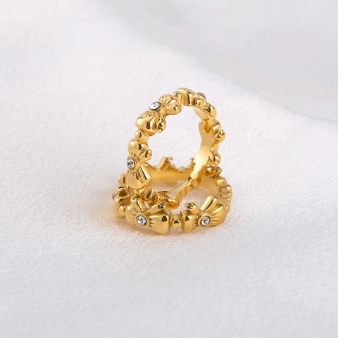 Bague Nœud Papillon en Acier Inoxydable Doux pour Femmes Plaqué Or Avec Strass Bague Chic Bijoux de Mode Elégants