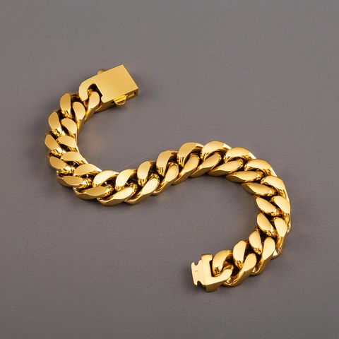 Bracelet Homme Maille Gourmette 13mm en Acier Inoxydable Plaqué Or 18K Poli Miroir Chaîne Hip Hop Miami