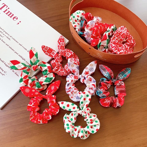 Elastici per Capelli Scrunchie Natalizi con Fiocco a Orecchie di Coniglio Stampe Neve e Alce in Poliestere Satinato per Donna Ragazza Regalo