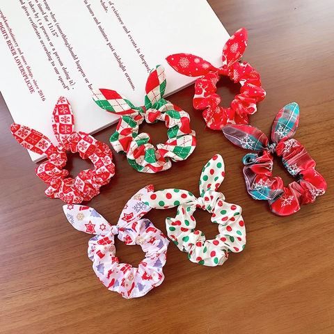 Elastici per Capelli Scrunchie Natalizi con Fiocco a Orecchie di Coniglio Stampe Neve e Alce in Poliestere Satinato per Donna Ragazza Regalo
