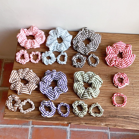 Women Korean Ins Style Stripe Fabric Scrunchies Pleated Large Hair Ring Elastic Stripe Pattern Ponytail Holder Hair Accessories
