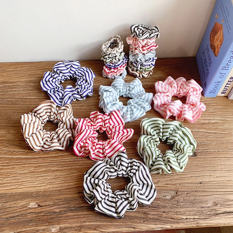 Women Korean Ins Style Stripe Fabric Scrunchies Pleated Large Hair Ring Elastic Stripe Pattern Ponytail Holder Hair Accessories
