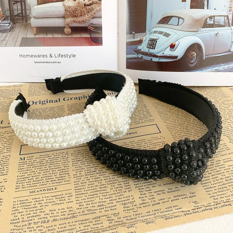Vintage Knotted Faux Artificial Pearl Wide Headband For Women Elegant Fabric Padded Hair Hoop Accessory For Party Daily Use Jewelry
