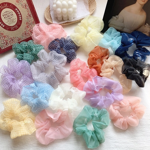 French Style Organza Mesh Scrunchies Elegant Solid Color Checkered Fabric Hair Ties Puffy Large Hair Band Headwear For Women