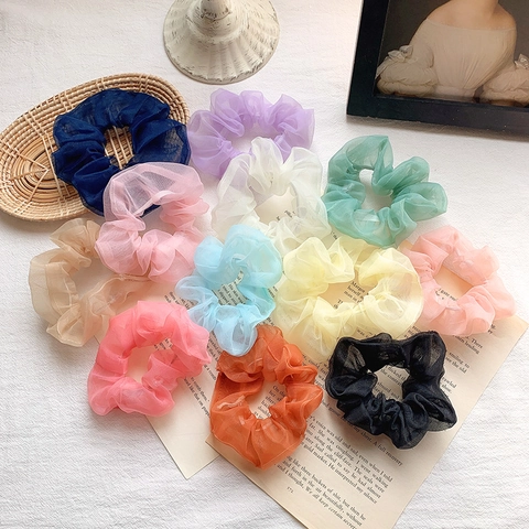 French Style Organza Mesh Scrunchies Elegant Solid Color Checkered Fabric Hair Ties Puffy Large Hair Band Headwear For Women