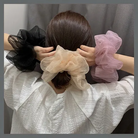 Korean Style Oversized Organza Scrunchies For Women Elegant Puffy Pleated Hair Ties Solid Color Hair Accessories