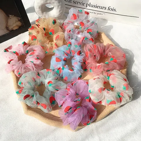 Strawberry Printed Organza Scrunchies For Women Sweet Floral Hair Ties Elastic Ponytail Holder Korean Style Hair Accessories