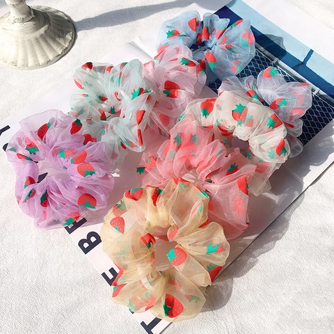 Strawberry Printed Organza Scrunchies For Women Sweet Floral Hair Ties Elastic Ponytail Holder Korean Style Hair Accessories