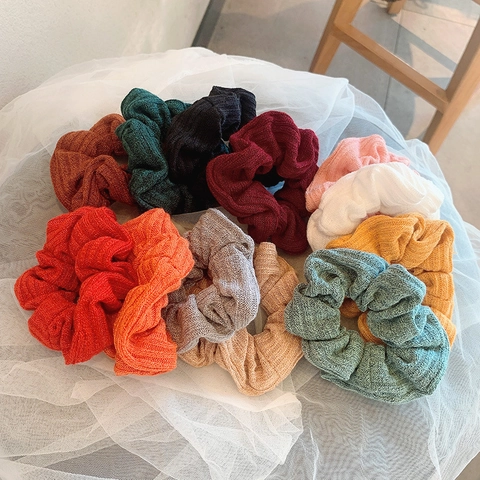 Coleteros de Tela de Punto Acanalado Vintage para Mujer Gomas para el Pelo Elásticas Color Sólido Estilo Pastoral Simple