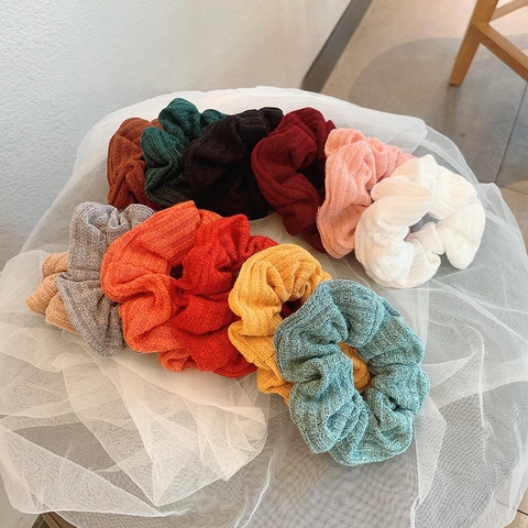 Coleteros de Tela de Punto Acanalado Vintage para Mujer Gomas para el Pelo Elásticas Color Sólido Estilo Pastoral Simple