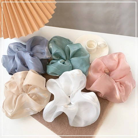 Scrunchies en Soie de Mûrier Surdimensionnés pour Femmes Élégant Lustre Perlé Chiffon Organza Couleur Unie Élastiques Cheveux