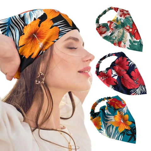 Bohemian Blumendruck Stoff Dreieckstuch Stirnband Für Damen Elastisches Plissee Haarband Vielseitiges Urlaub Kopftuch