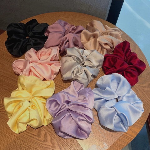 Coleteros de Satén Extragrandes con Elegancia Francesa para Mujer Color Sólido Tacto de Seda Gomas de Pelo Elásticas Grandes Accesorios de Pelo Plisados de Moda