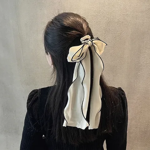 Elegant Satijn Strik Haarelastiek Met Imitatieparel Lang Lint Streamer Koreaanse Stijl Contrast Bies Haarelastiek Voor Dames Meisjes