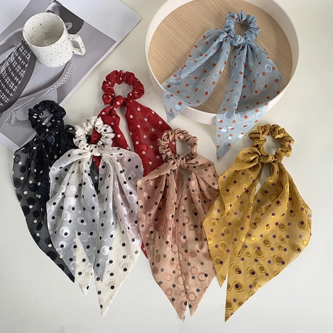 Coleteros de Gasa con Lunares Vintage para Mujer con Cinta Larga Lazo Gomas para el Pelo Accesorios de Cabello para Diario