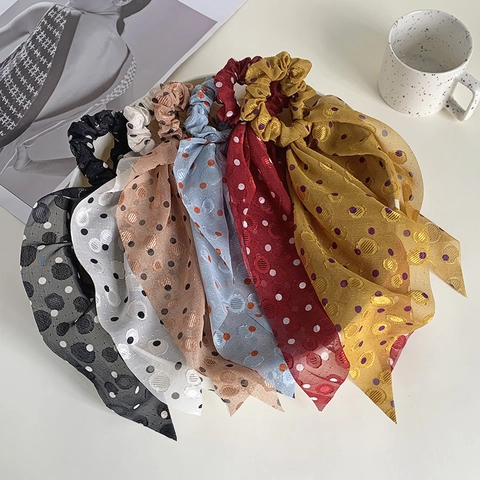 Coleteros de Gasa con Lunares Vintage para Mujer con Cinta Larga Lazo Gomas para el Pelo Accesorios de Cabello para Diario
