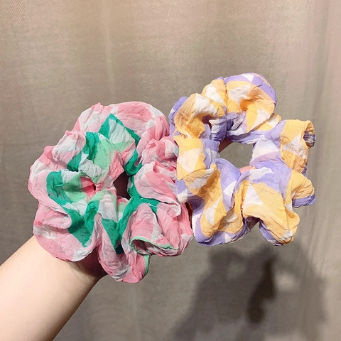 Women Contrast Color Pleated Organza Scrunchies Large Size Chiffon Hair Ties Ins Style Sweet Colorful Hair Accessories