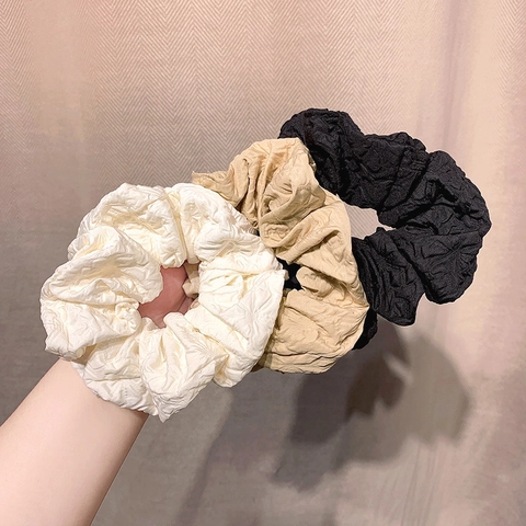 Vintage French Pleated Scrunchie Large Hair Tie Solid Color Elastic Fabric Hair Band For Women Girls Daily Hair Styling