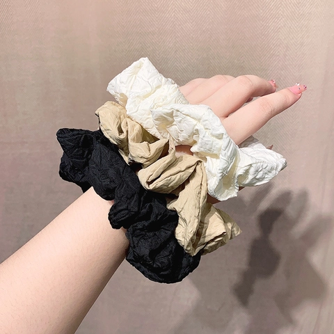Vintage French Pleated Scrunchie Large Hair Tie Solid Color Elastic Fabric Hair Band For Women Girls Daily Hair Styling