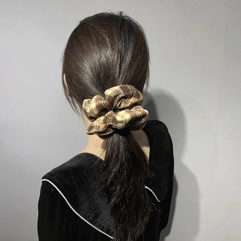 Vintage Karomuster Baumwolle Stoff Große Haargummis Für Damen Französischer Akademie-Stil Plissiert Elastisch Haarschmuck