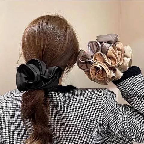 Women Elegant Oversized Satin Scrunchies French Style Pleated Hair Ties Solid Color Elastic Hair Bands Hair Accessories