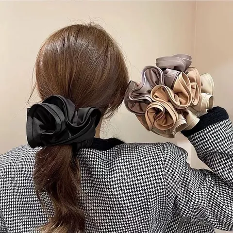 Women Elegant Oversized Satin Scrunchies French Style Pleated Hair Ties Solid Color Elastic Hair Bands Hair Accessories