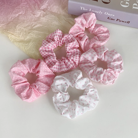 Pink Polka Dot Gingham Scrunchies Fabric Hair Ties For Women Girls Sweet Floral Pattern Elastic Hair Bands Decoration