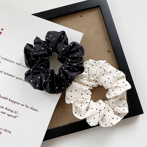Scrunchies in Satin a Pois Stile Francese Eleganti Elastici per Capelli Bianchi e Neri Accessori Vintage per Donna