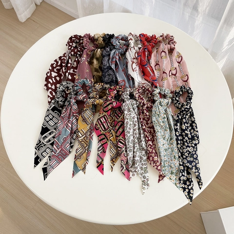 Women Chiffon Floral Scrunchies Ribbon Satin Scarf Hair Ties Vintage Leopard Print Geometric Bow Hair Accessories For Daily Styling