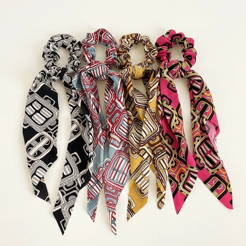 Women Chiffon Floral Scrunchies Ribbon Satin Scarf Hair Ties Vintage Leopard Print Geometric Bow Hair Accessories For Daily Styling