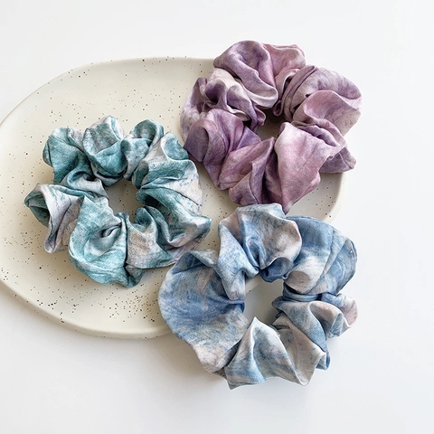 Tie Dye Satin Scrunchies For Women Marble Pattern Elastic Hair Ties Silk Like Fabric Ponytail Holder Hair Accessories