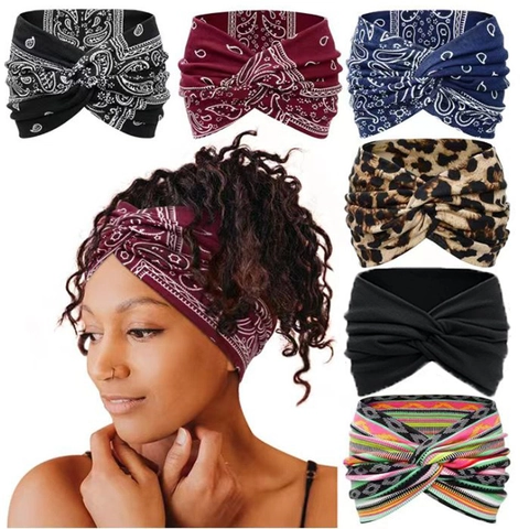 Women Wide Twisted Knot Turban Headband Elastic Hair Band For Yoga Running Workout Paisley Floral Print Soft Breathable